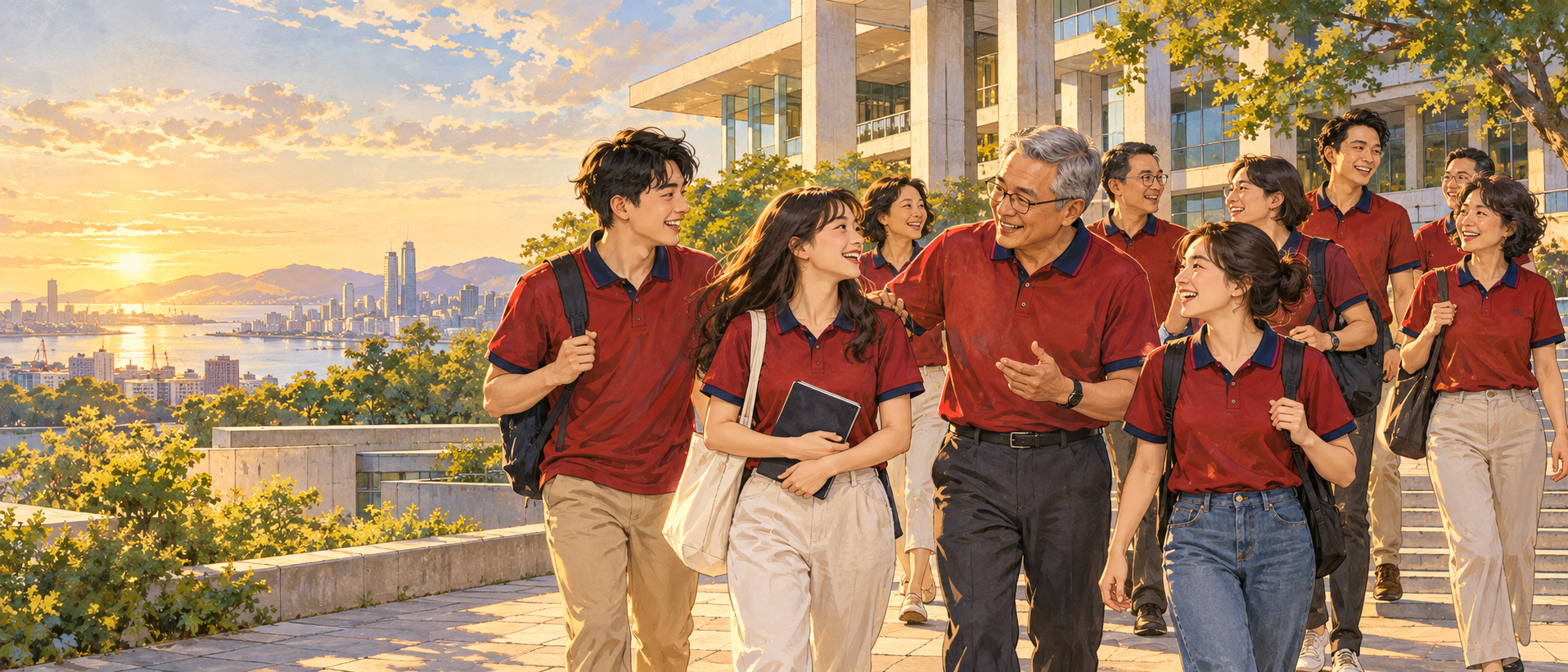 概念插畫：不同世代的金資人穿著紅色系服，一起走出校園